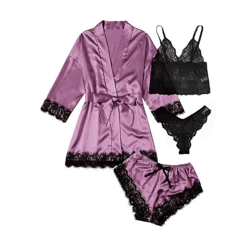 Lace Satin Pajama Set: Romantic Bliss 4-Piece Sleepwear Collection - Redemption By Ashley North