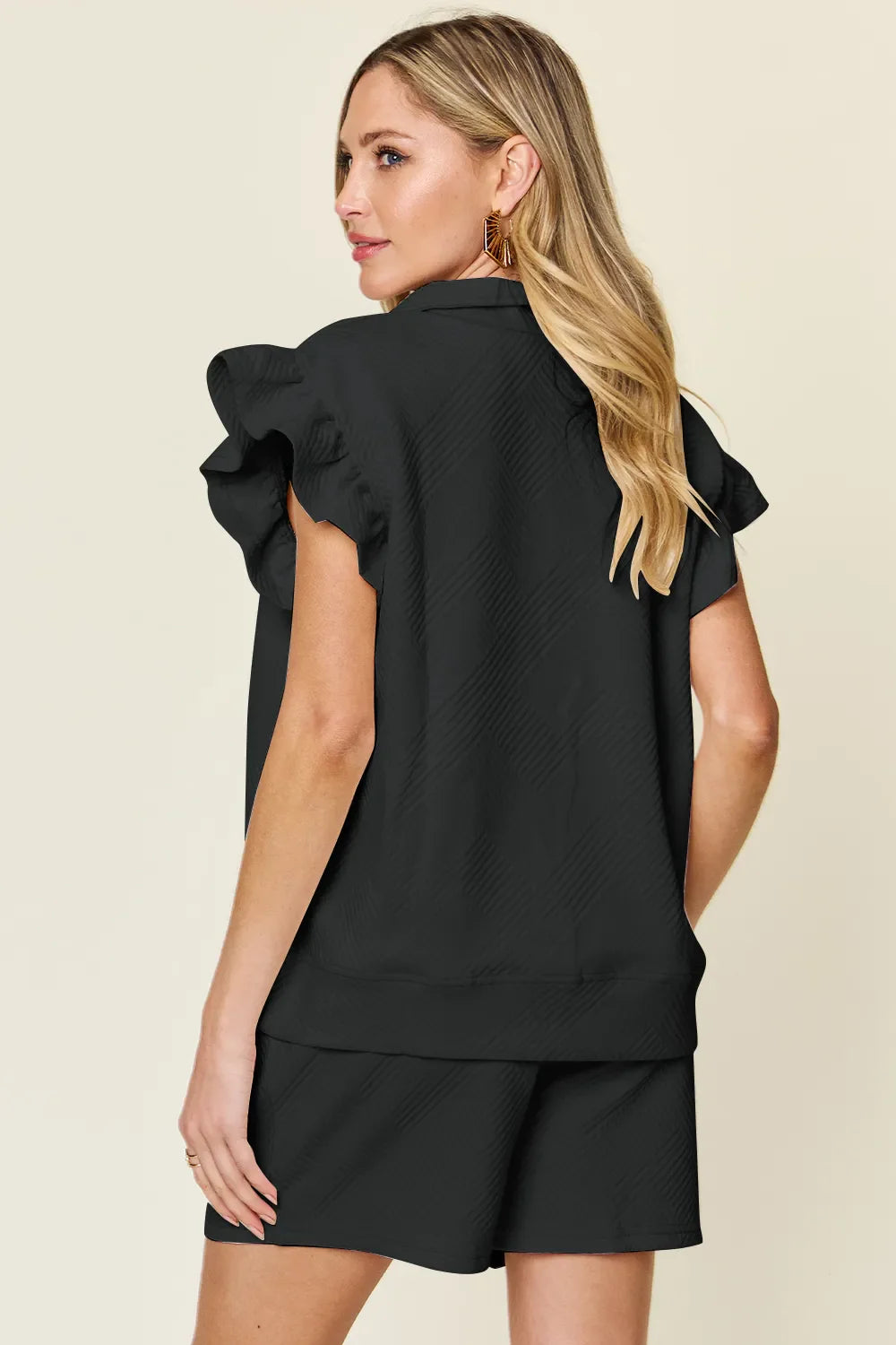 Double Take Full Size black textured flounce sleeve top and drawstring shorts set back view