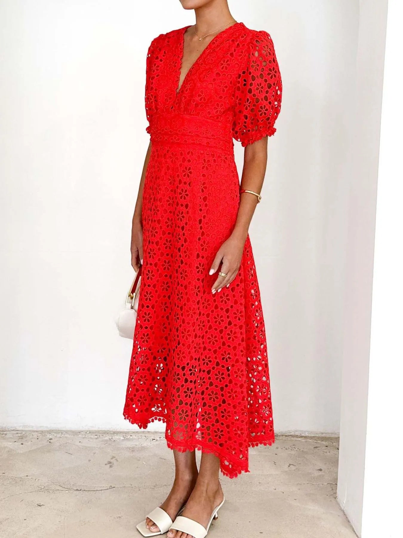 Eyelet Lace V-Neck Dress with Puff Sleeves - Elegant Midi Style.