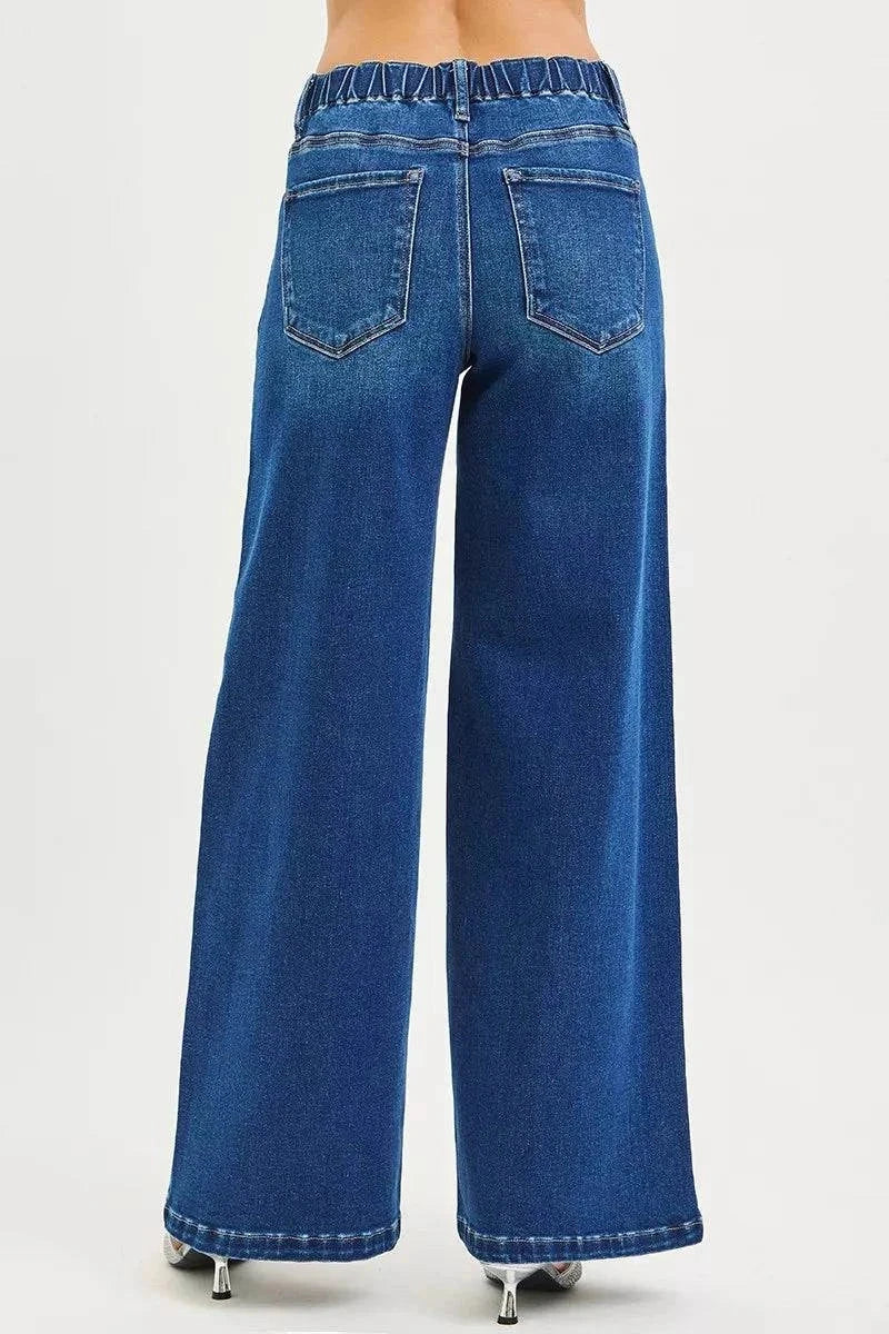 Full size mid rise wide side pintuck jeans with front drawstring back view