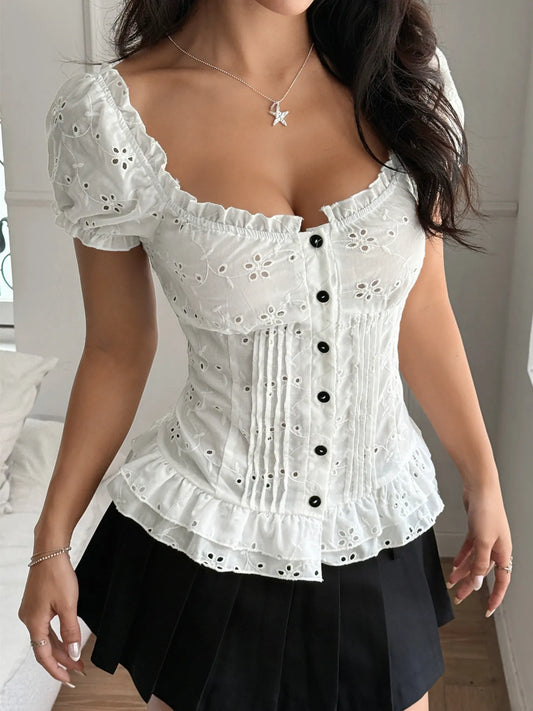 Eyelet Lace Blouse – Elegant and Stylish Short Sleeve Top - Redemption By Ashley North