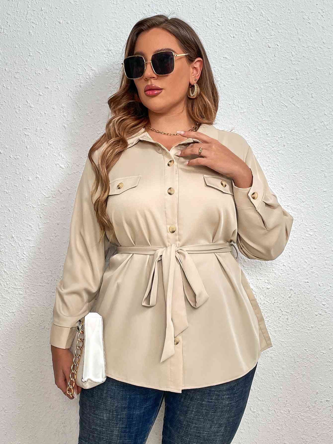 Melo Apparel Plus Size Tie Belt Shirt - Long Sleeve Women’s Fashion - Redemption By Ashley North