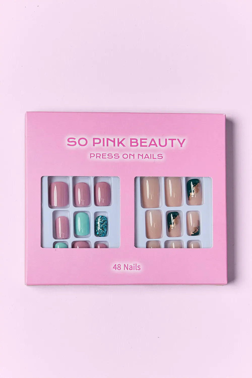 SO PINK BEAUTY press on nails two-pack with 48 pieces in stylish pink and nude designs with glitter accents