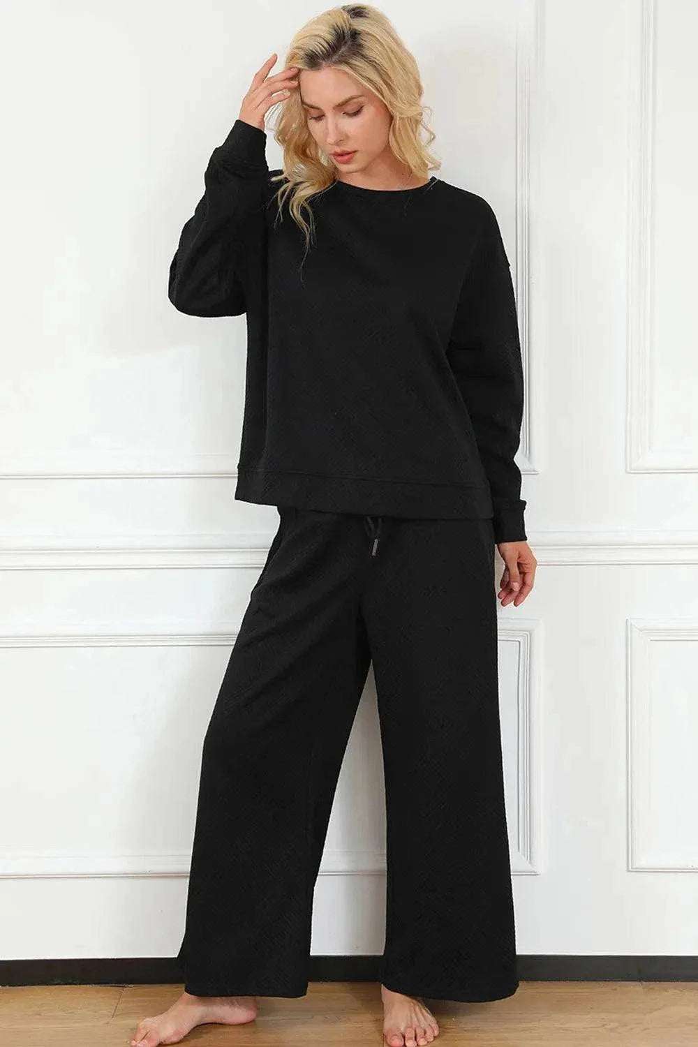 Textured Long Sleeve Set and Pants with Drawstring - Double Take Collection - Redemption By Ashley North