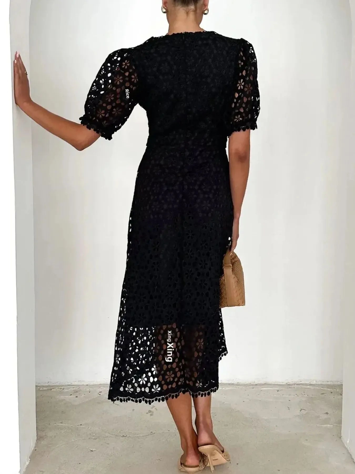 Eyelet Lace V-Neck Dress with Puff Sleeves - Elegant Midi Style.