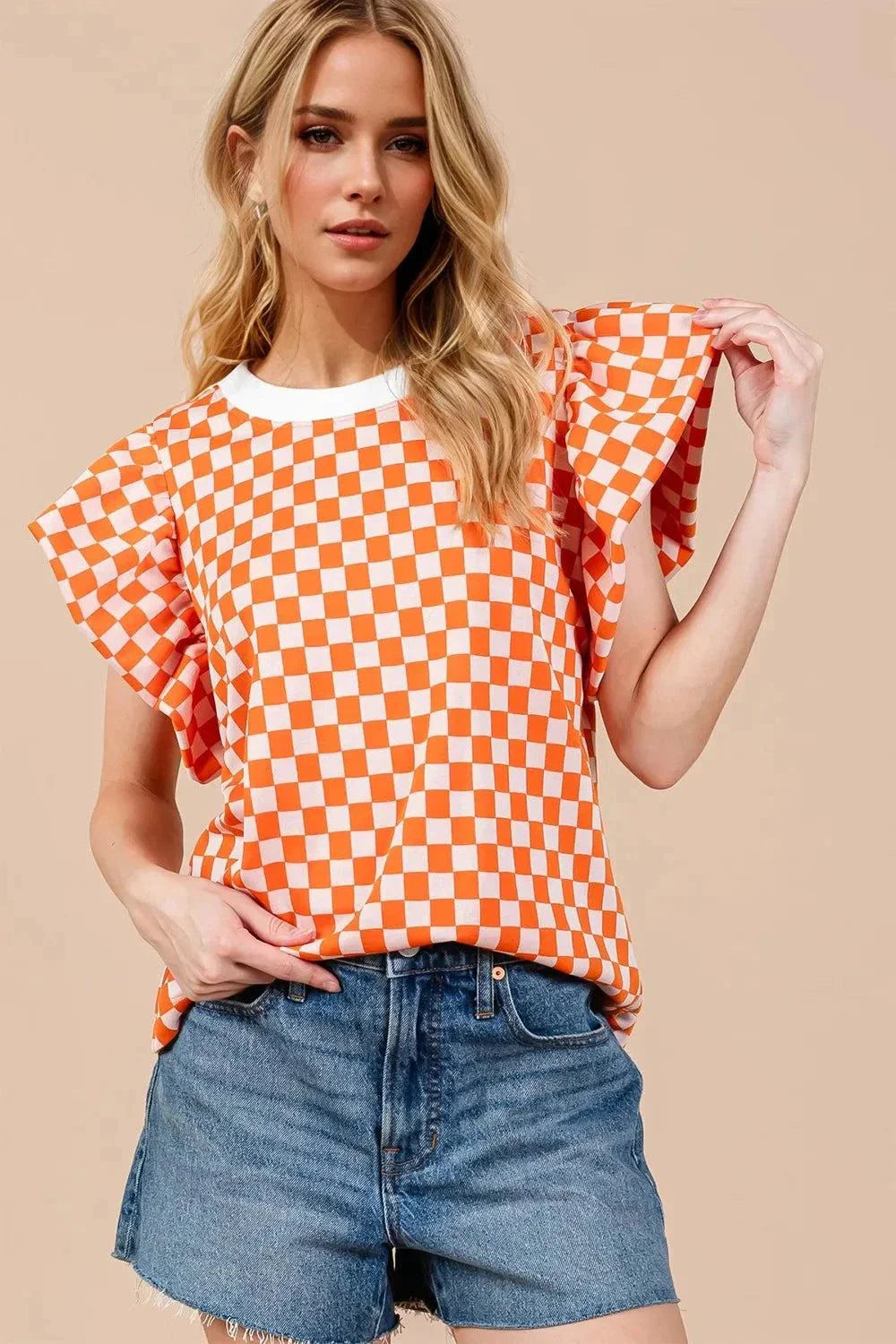 Oh Checkered Puff Sleeve Blouse with Round Neck - Redemption By Ashley North