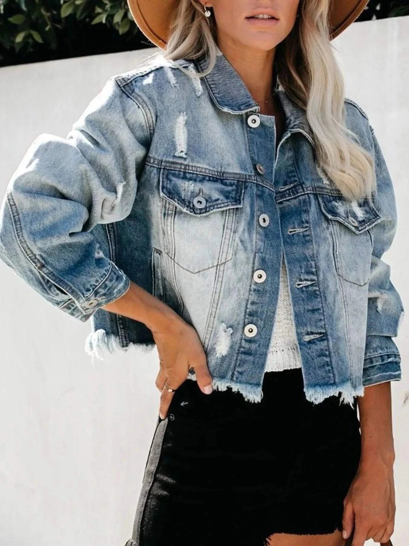 Distressed Denim Jacket with Raw Hem - Redemption By Ashley North
