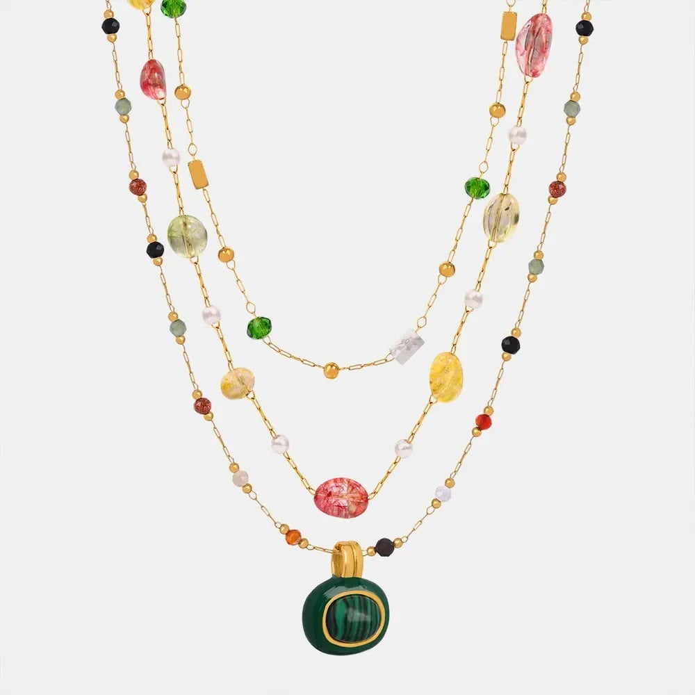 Titanium steel gold-plated bead necklace with synthetic pearls and natural stones, multicolor layered chain design