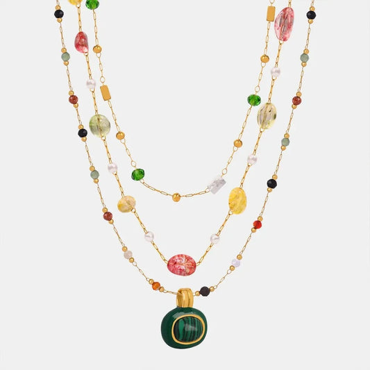 Titanium steel gold-plated bead necklace with synthetic pearls and natural stones, multicolor layered chain design
