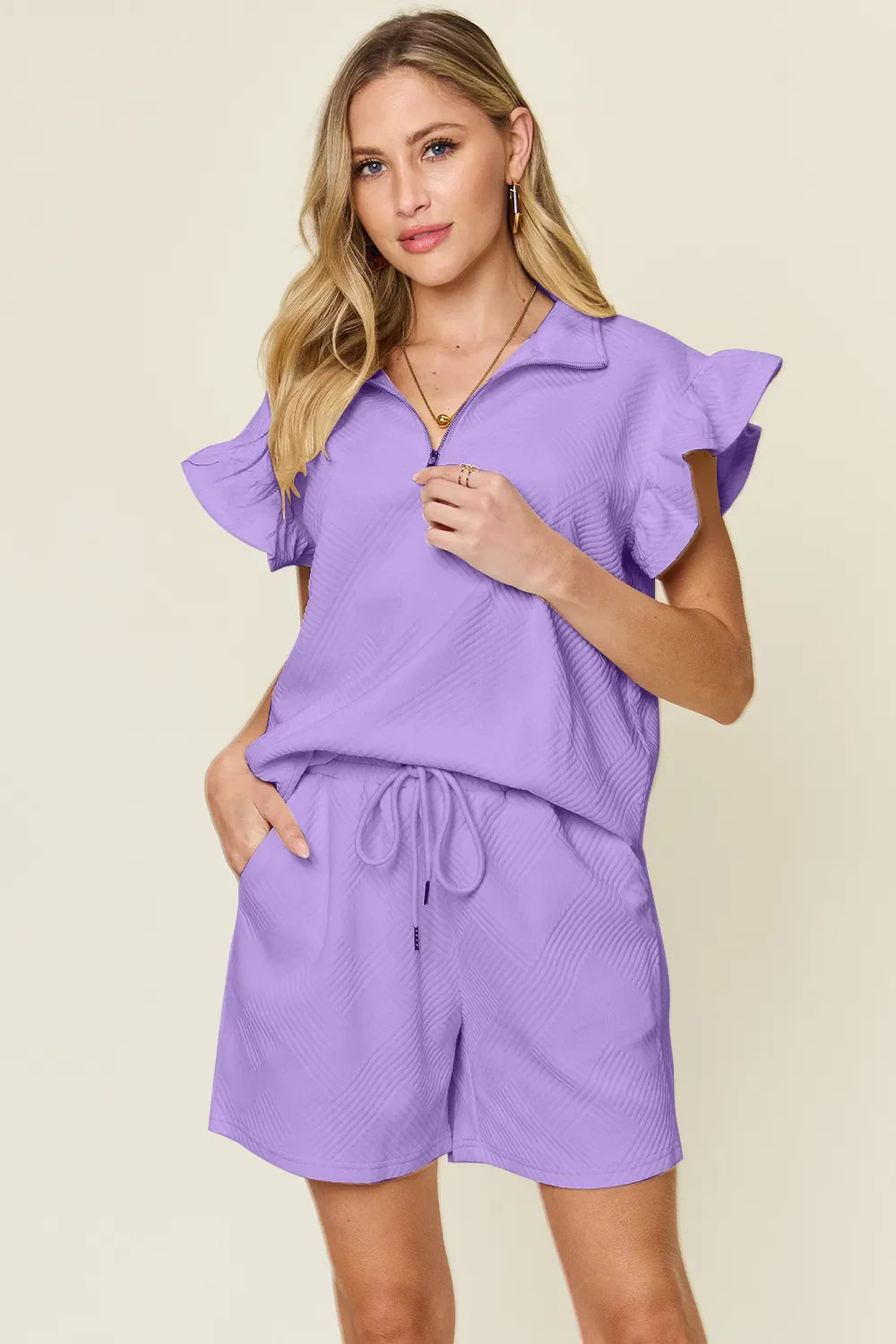 Double Take Full Size lavender texture flounce sleeve top with drawstring shorts set