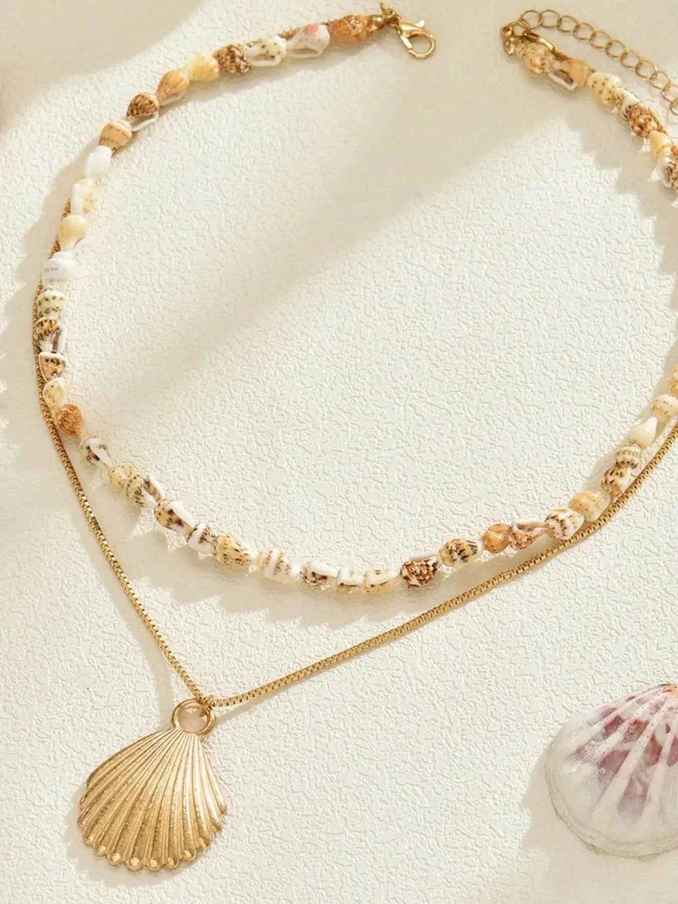 18K Gold-Plated Shell Pendant Necklace - Layered Shell Design.