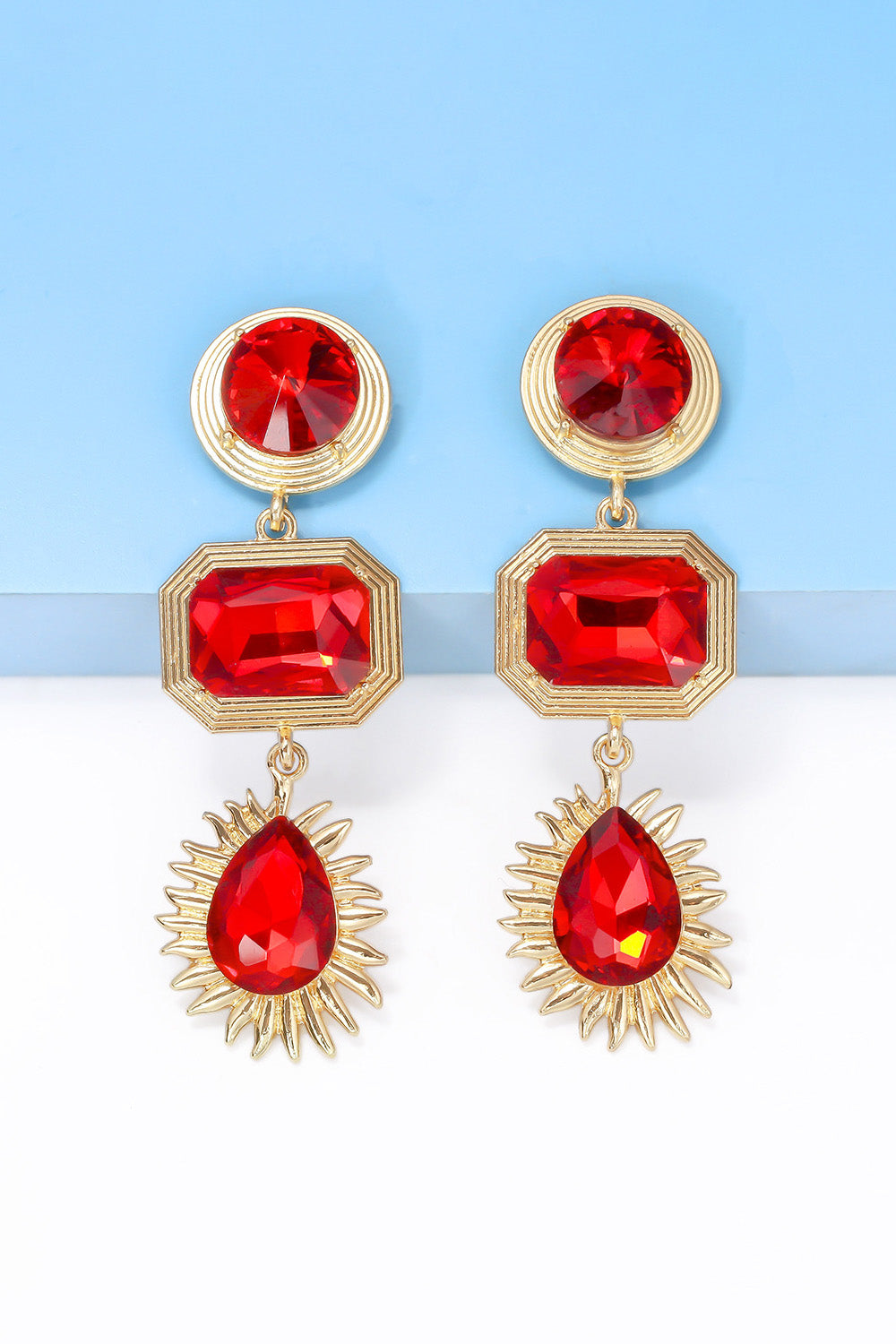 Geometrical shape zinc alloy frame glass dangle earrings with red gemstones