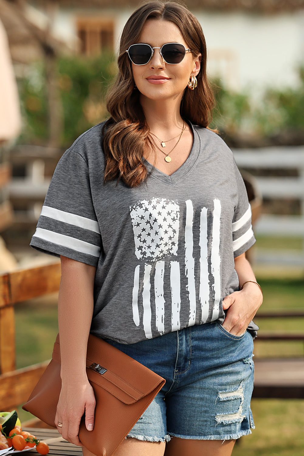 Plus Size US Flag Tee V-Neck T-Shirt for Women - Redemption By Ashley North