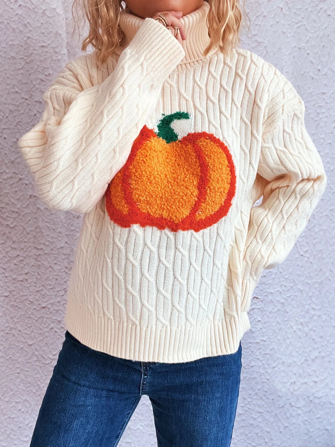 Pumpkin Turtleneck Sweater for Cozy Fall Fashion.