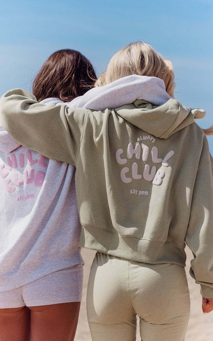 Bubblegum pink Chill Club puff print zip-up jacket made from fleeceback sweat fabric