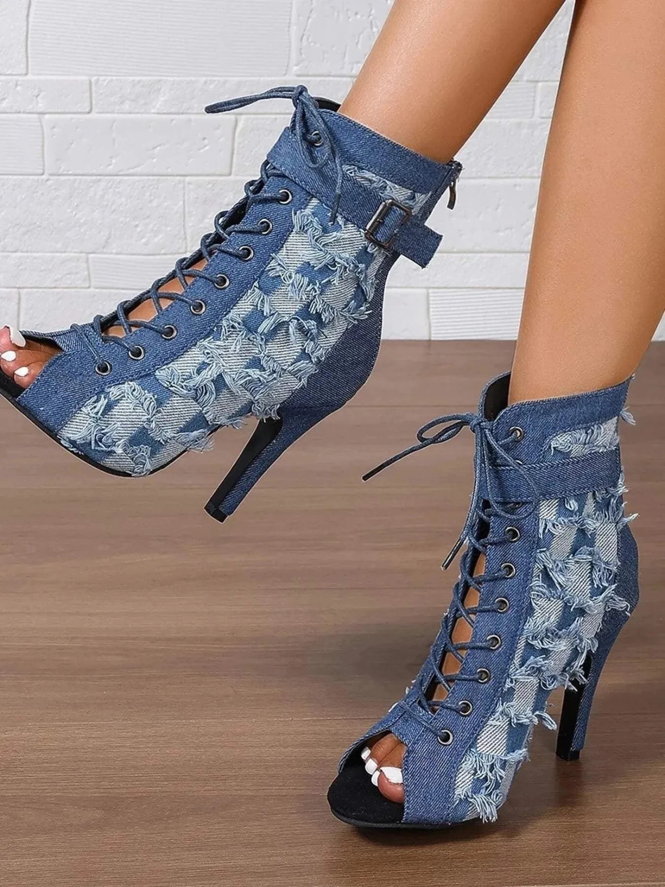 Distressed Denim Ankle Boots with Lace-Up Peep Toe - Redemption By Ashley North
