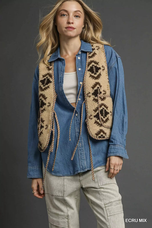 Umgee Mix Patterned Sherpa Tie-Front Vest.