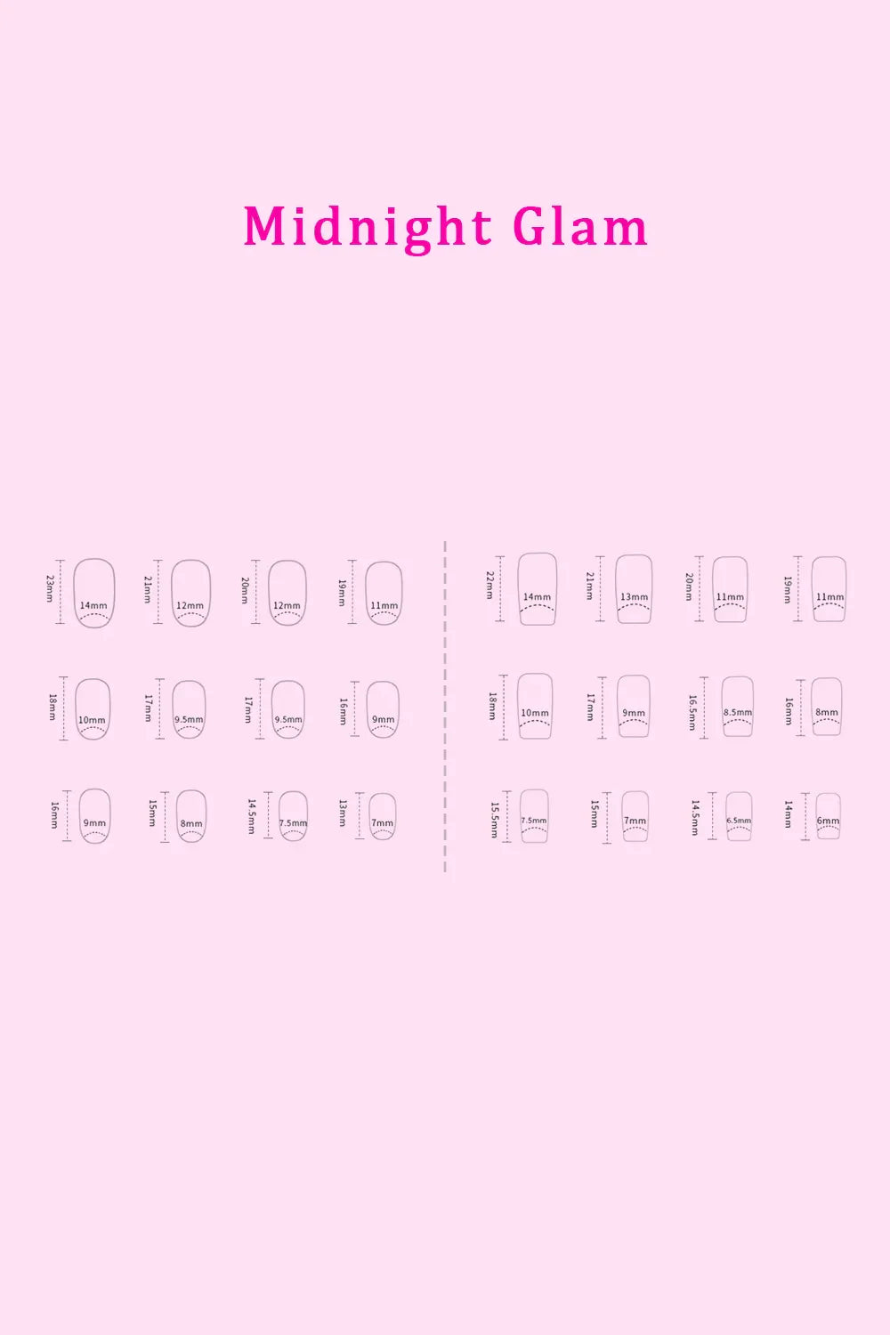 So Pink Beauty Press On Nails two-pack with 48 pieces and glue, Midnight Glam design size guide on pink background