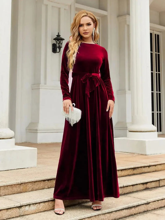 Tie front round neck long sleeve maxi dress in deep red velvet with slight stretch and opaque fabric