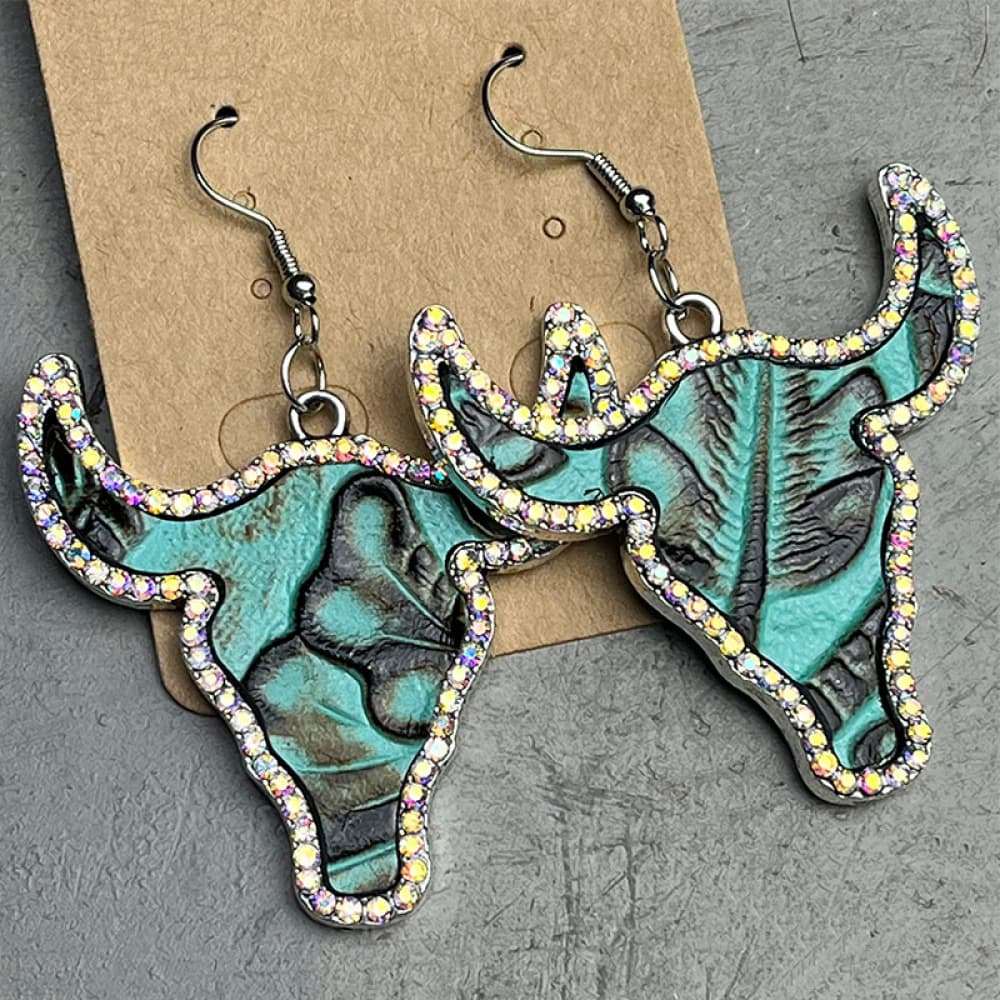 Rhinestone trim alloy bull-shaped western style earrings with turquoise and black detailing