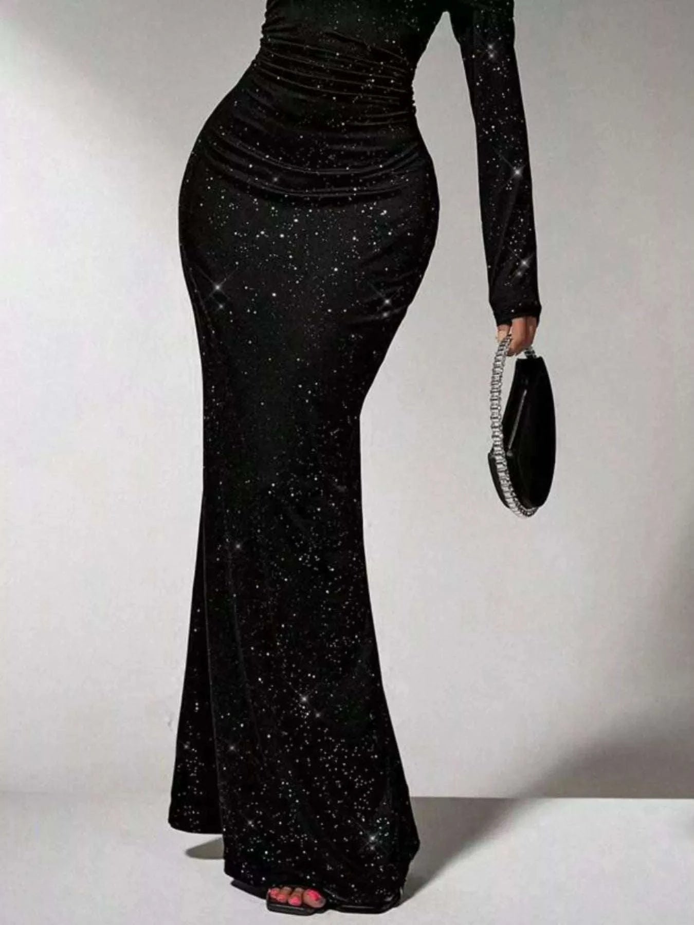 Off-Shoulder Glitter Evening Maxi Dress.