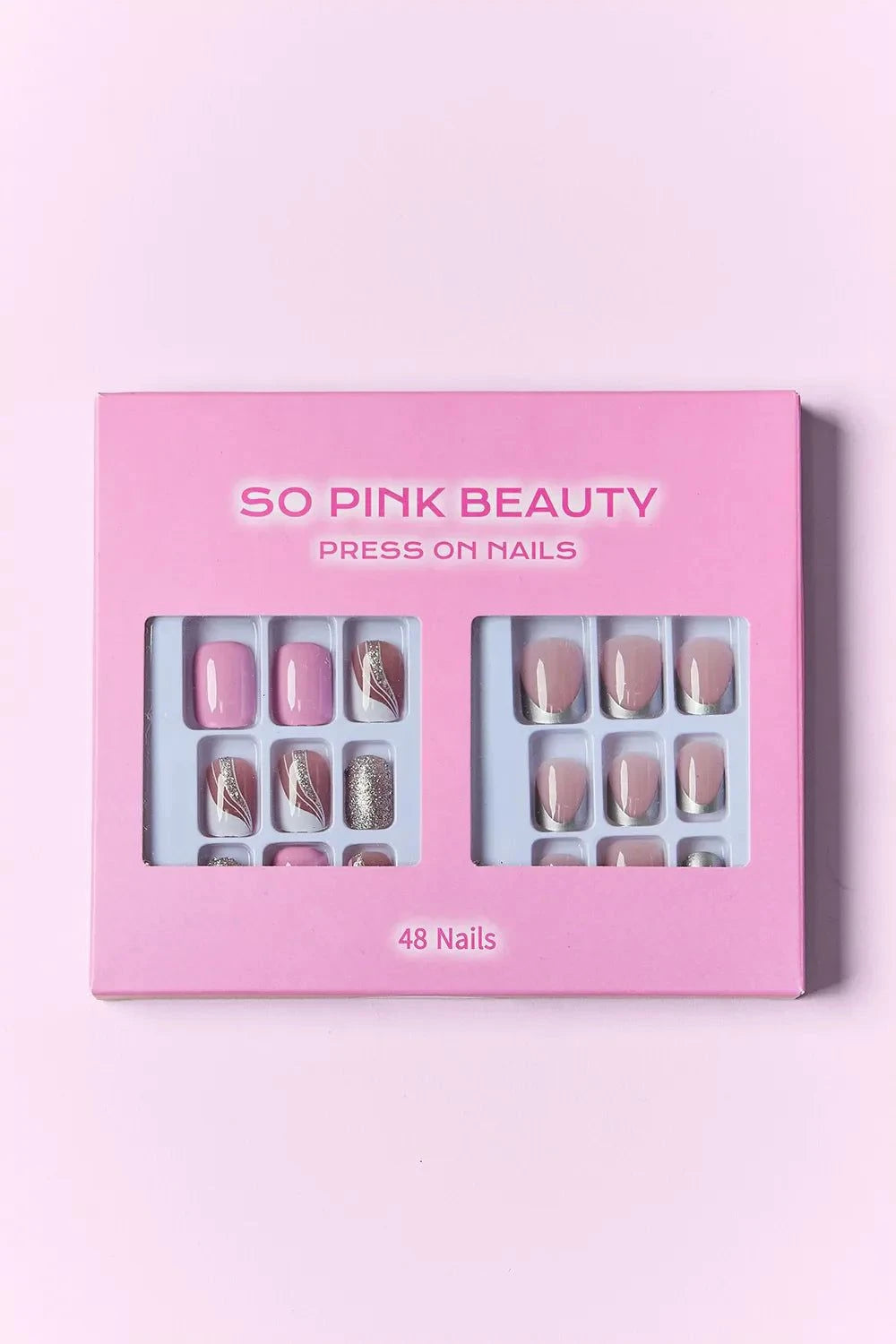 SO PINK BEAUTY press on nails two-pack with pink and nude designs and 48 pieces
