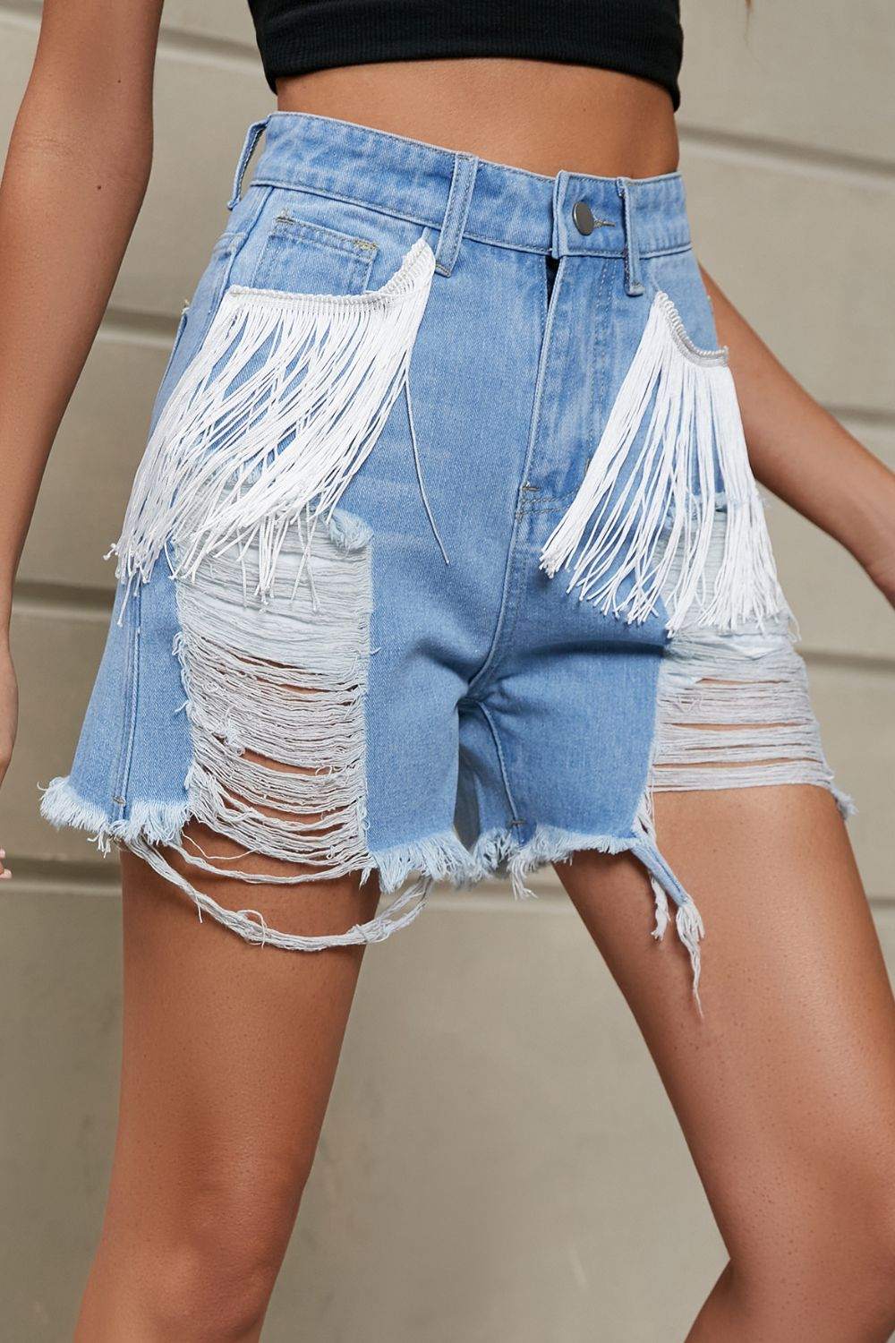 Fringe Trim Denim Shorts with Pockets - Distressed Style - Redemption By Ashley North