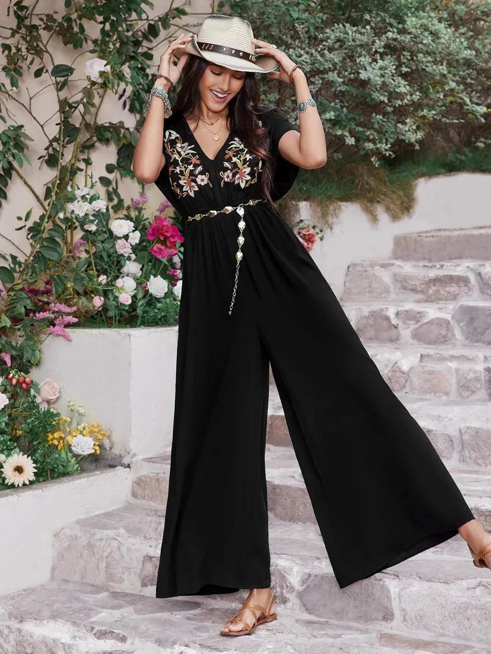Embroidered Short Sleeve Jumpsuit with Ruched Details - Redemption By Ashley North