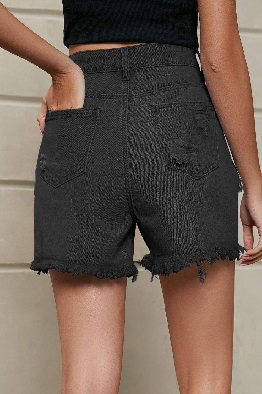 Fringe Trim Denim Shorts with Pockets - Distressed Style - Redemption By Ashley North