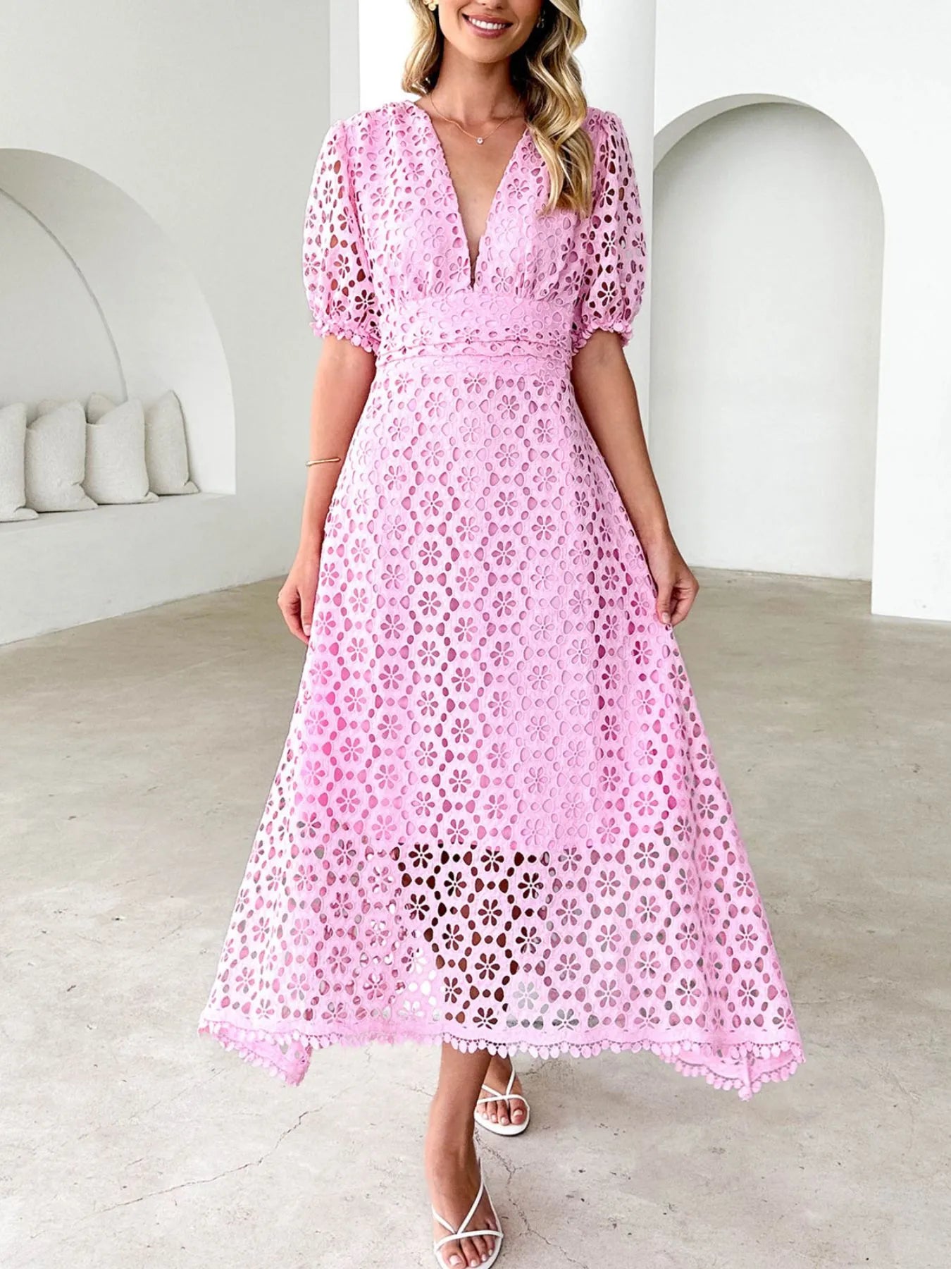 Eyelet Lace V-Neck Dress with Puff Sleeves - Elegant Midi Style.