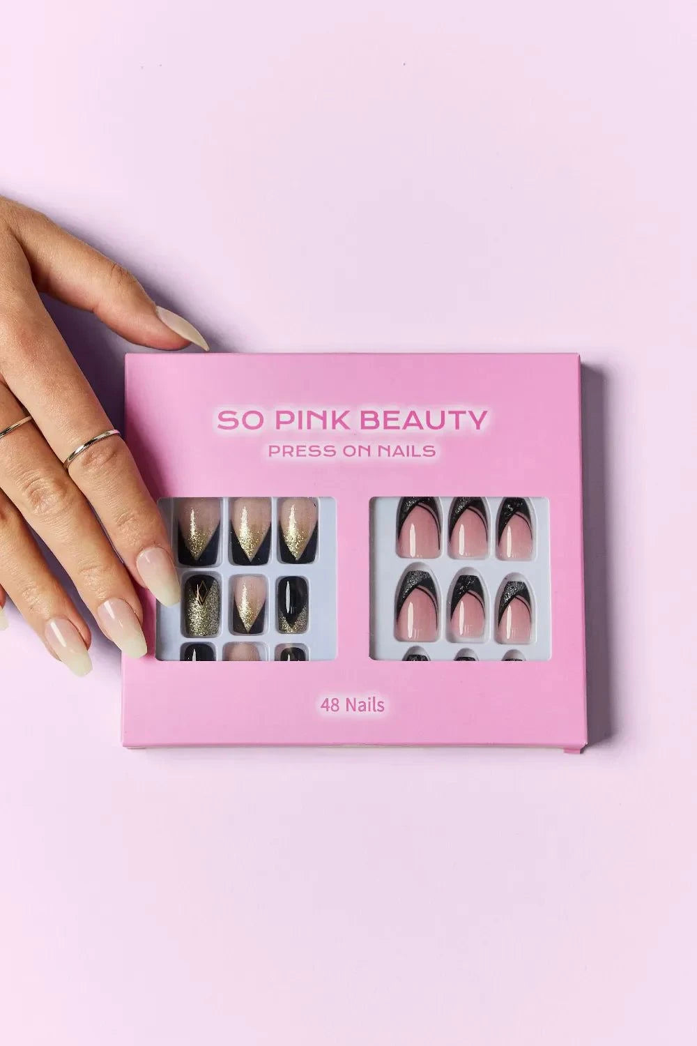 SO PINK BEAUTY press-on nails 2-pack with 48 nail pieces in stylish designs and included glue for easy application