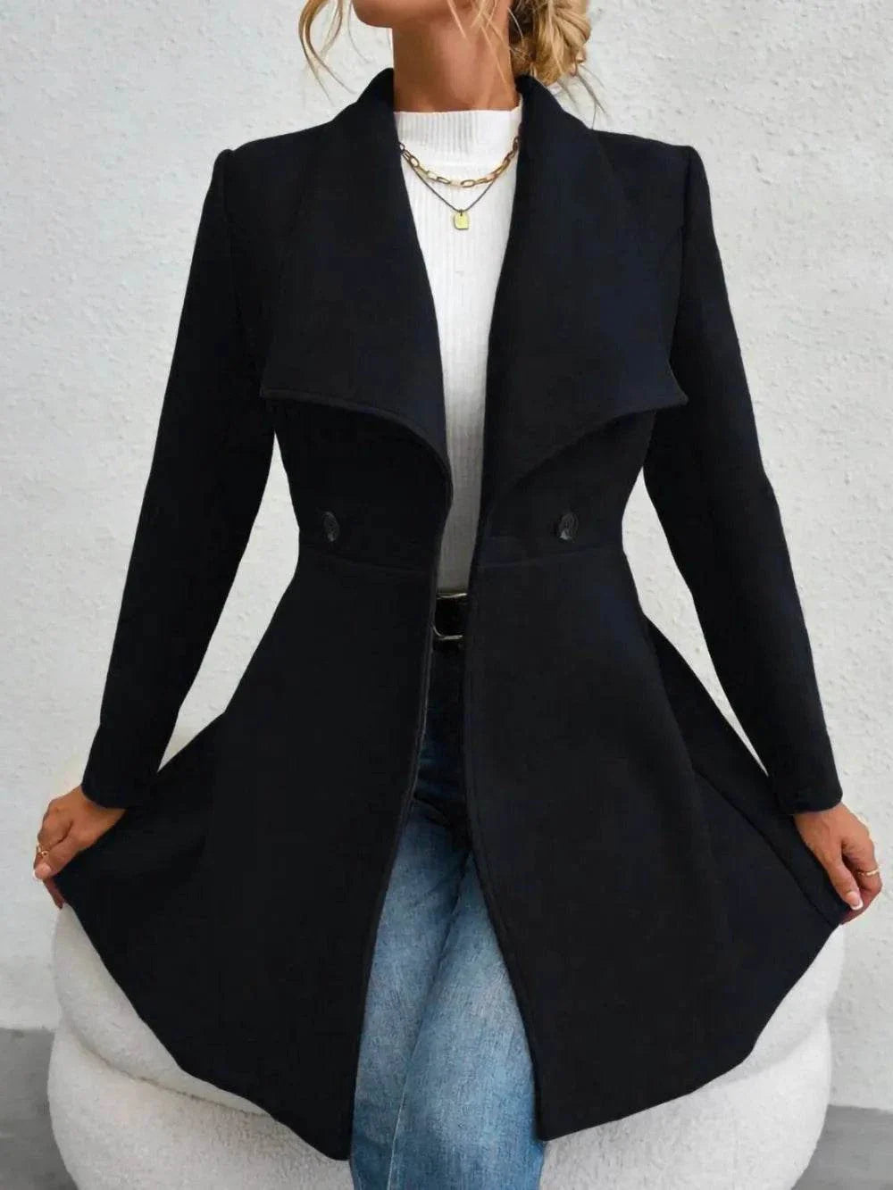 black collared neck button up long sleeve coat with flared hem