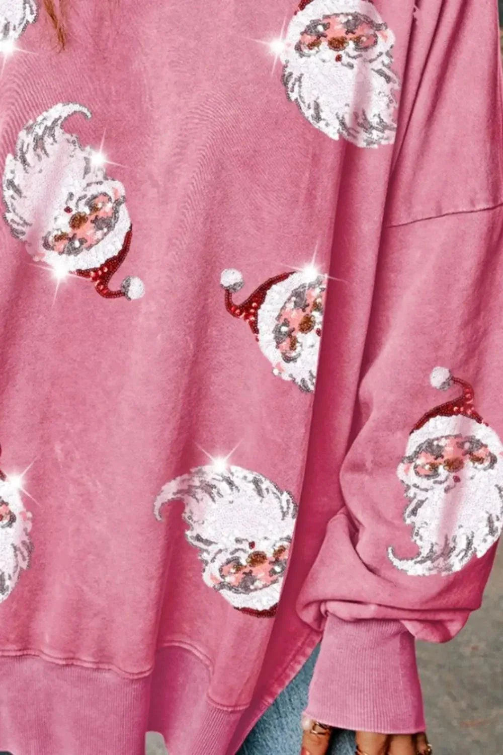 Pink sequin Santa sweatshirt with drop shoulder slit and festive holiday design