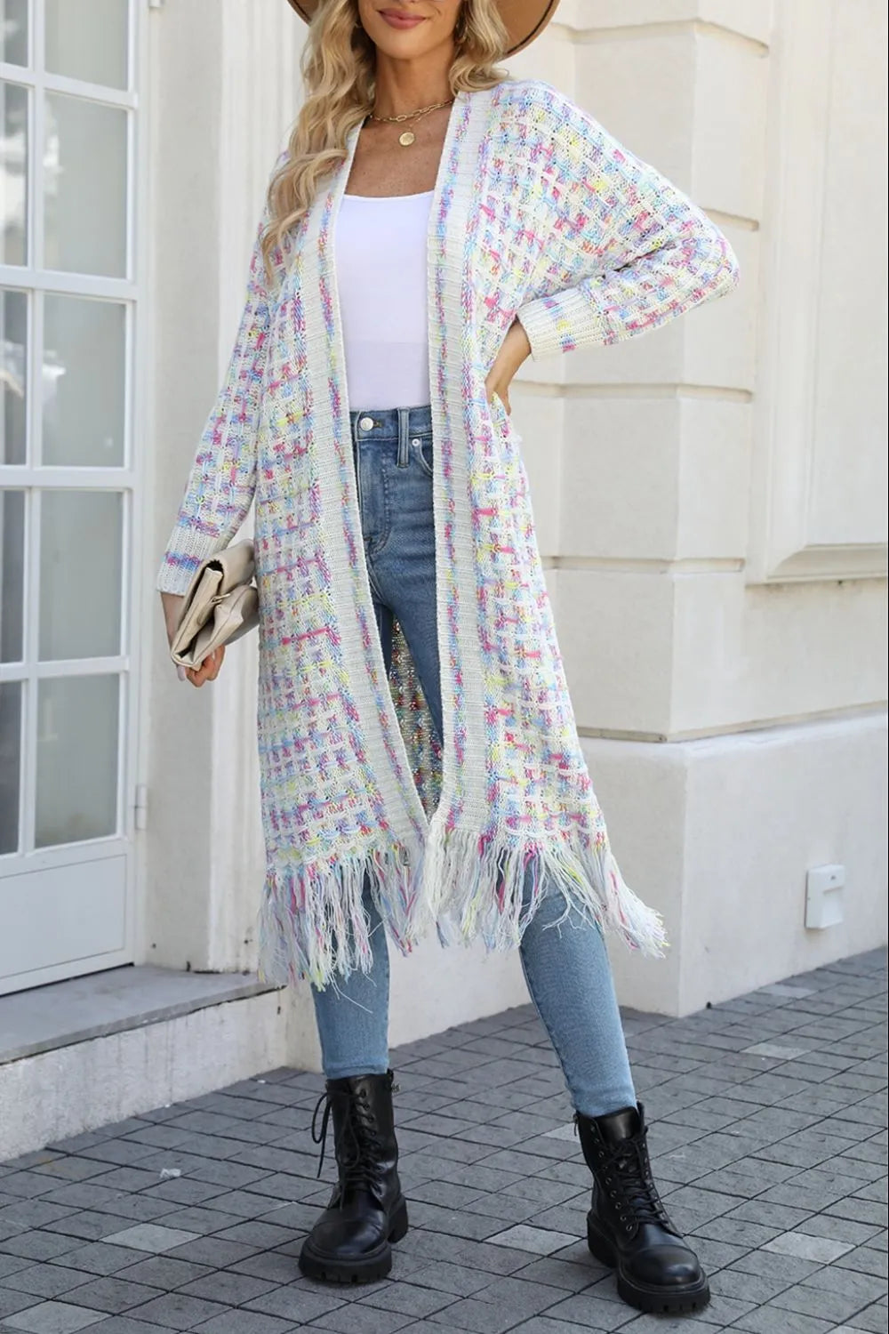 Angel Wings Full Size Multicolored Open Front Fringe Hem Cardigan.