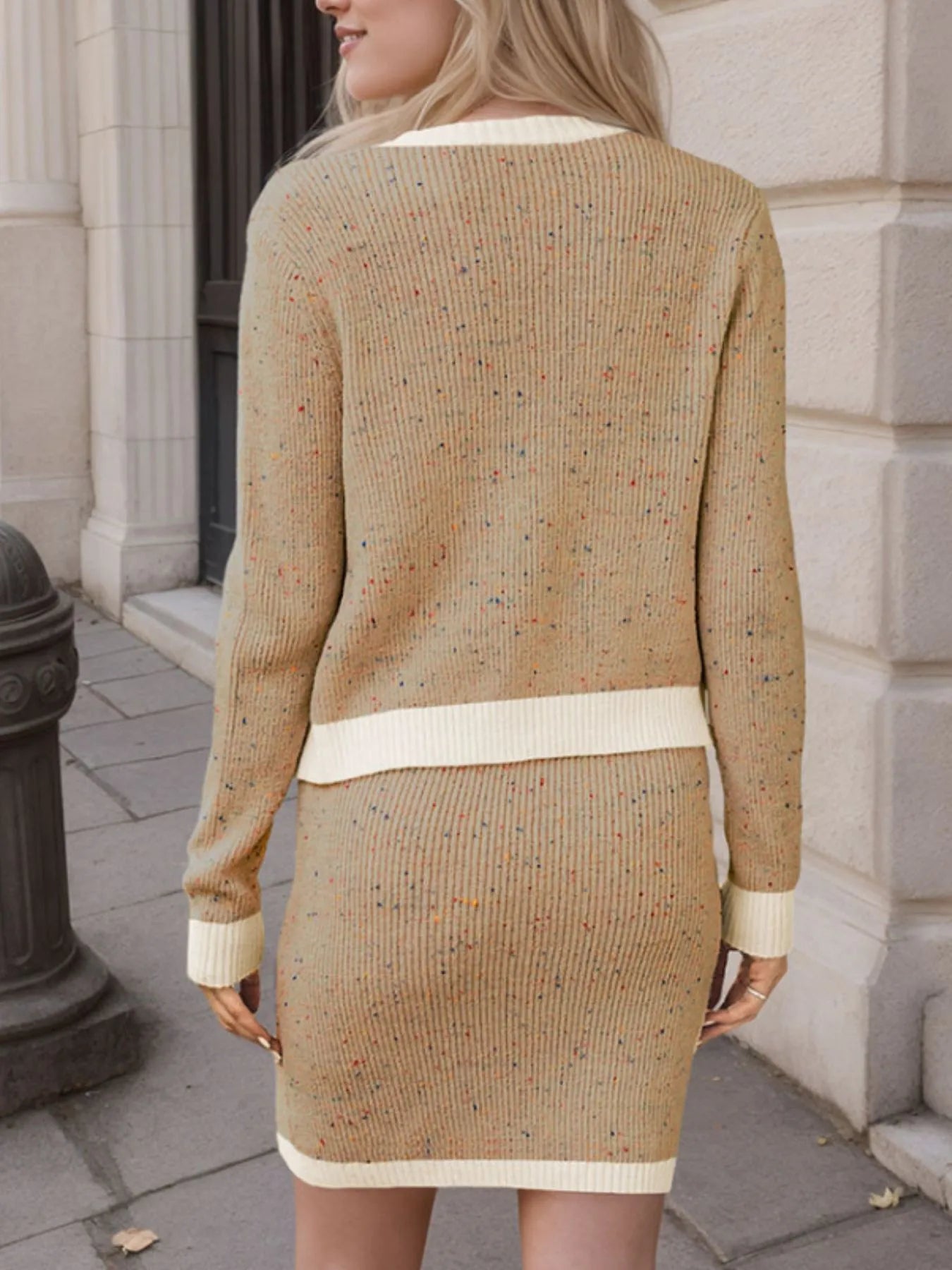 Contrast Trim Ribbed Sweater Set with Top and Skirt.