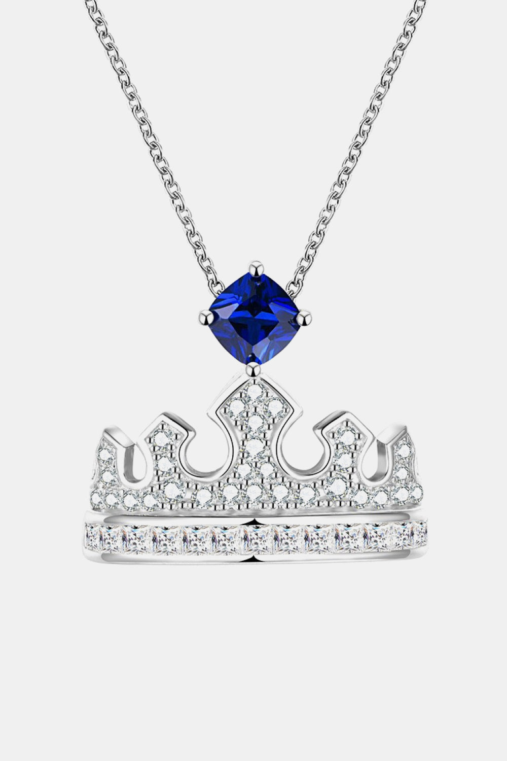 Lab-grown sapphire crown pendant necklace in 925 sterling silver with zircon accents and platinum plating