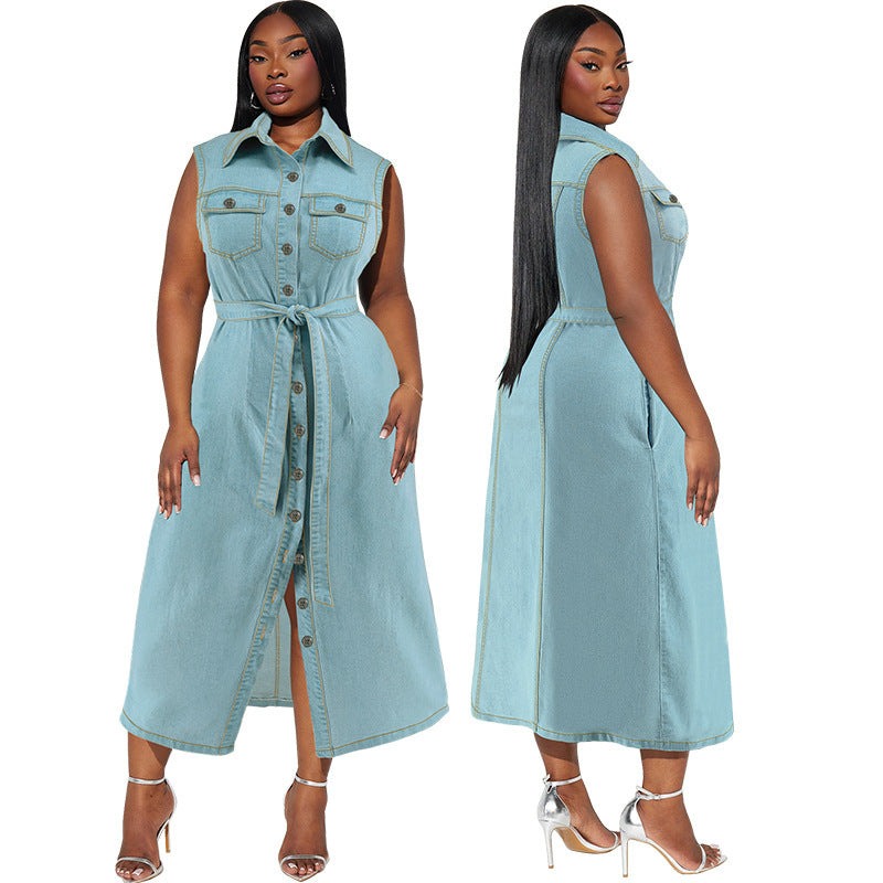 Plus Size Denim Dress - Women's Sleeveless Lace-up Long Dress with Lapel - Redemption By Ashley North