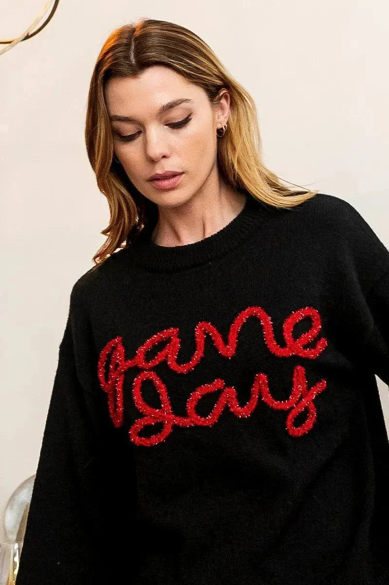 BiBi Game Day Metallic Letter SweaterShow your team spirit in style with this Game Day Metallic Letter Sweater. The metallic letter design adds a touch of glamour and sparkle to this sweater, perfect foRedemption By Ashley NorthGame Day Metallic Letter Sweater