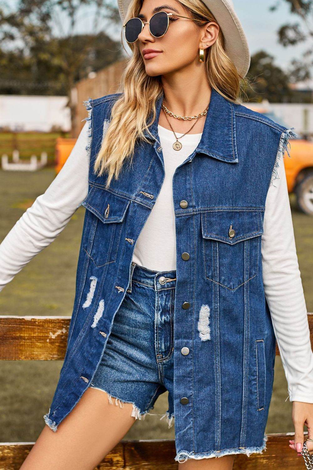 Sleeveless Denim Top - Button-Up Collared Design with Pockets - Redemption By Ashley North