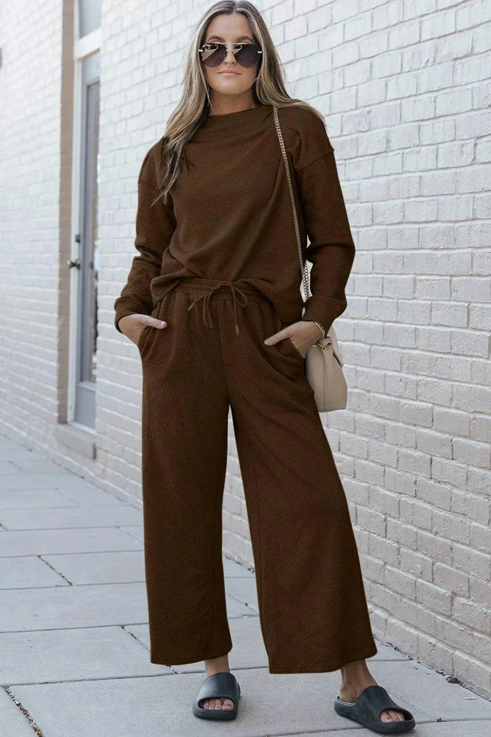 Textured Long Sleeve Set and Pants with Drawstring - Double Take Collection - Redemption By Ashley North