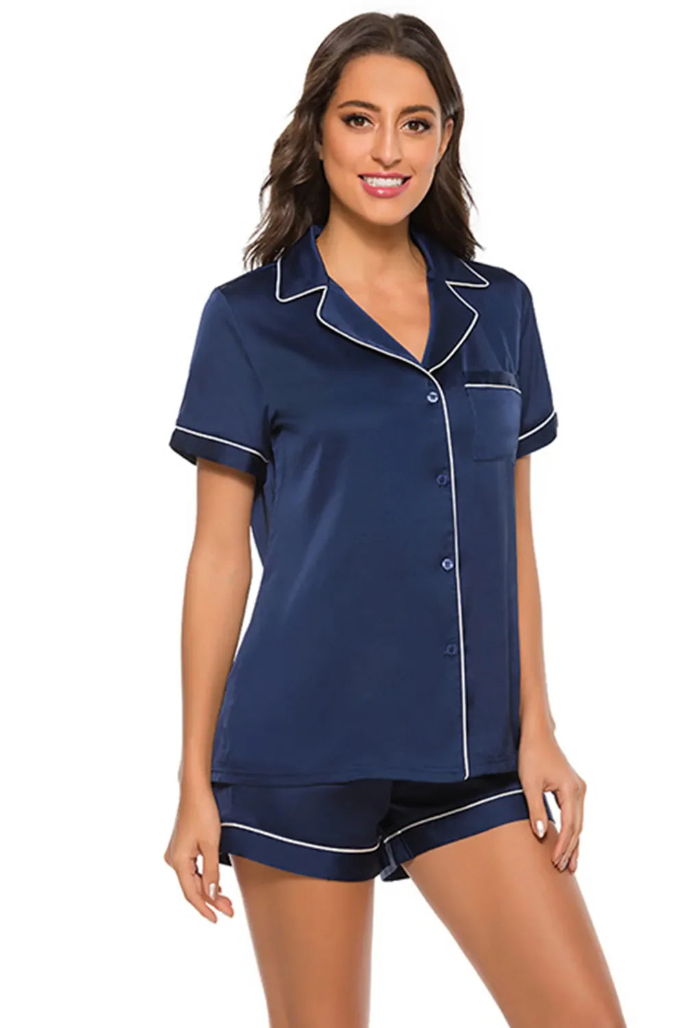 Printed button up short sleeve top and shorts lounge set in navy with white piping detail