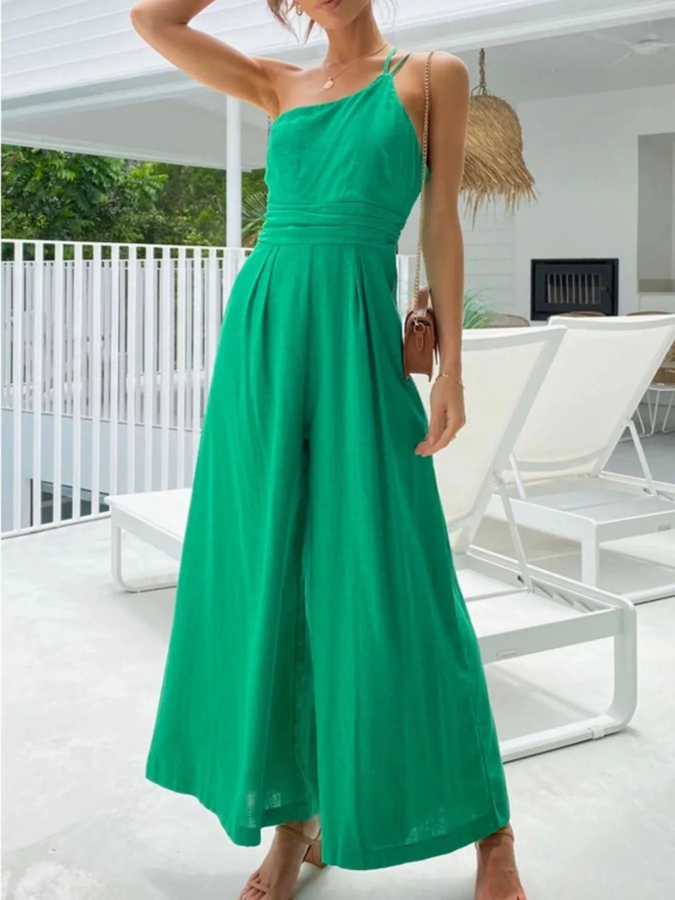 Single Shoulder Jumpsuit with Wide Leg Design.