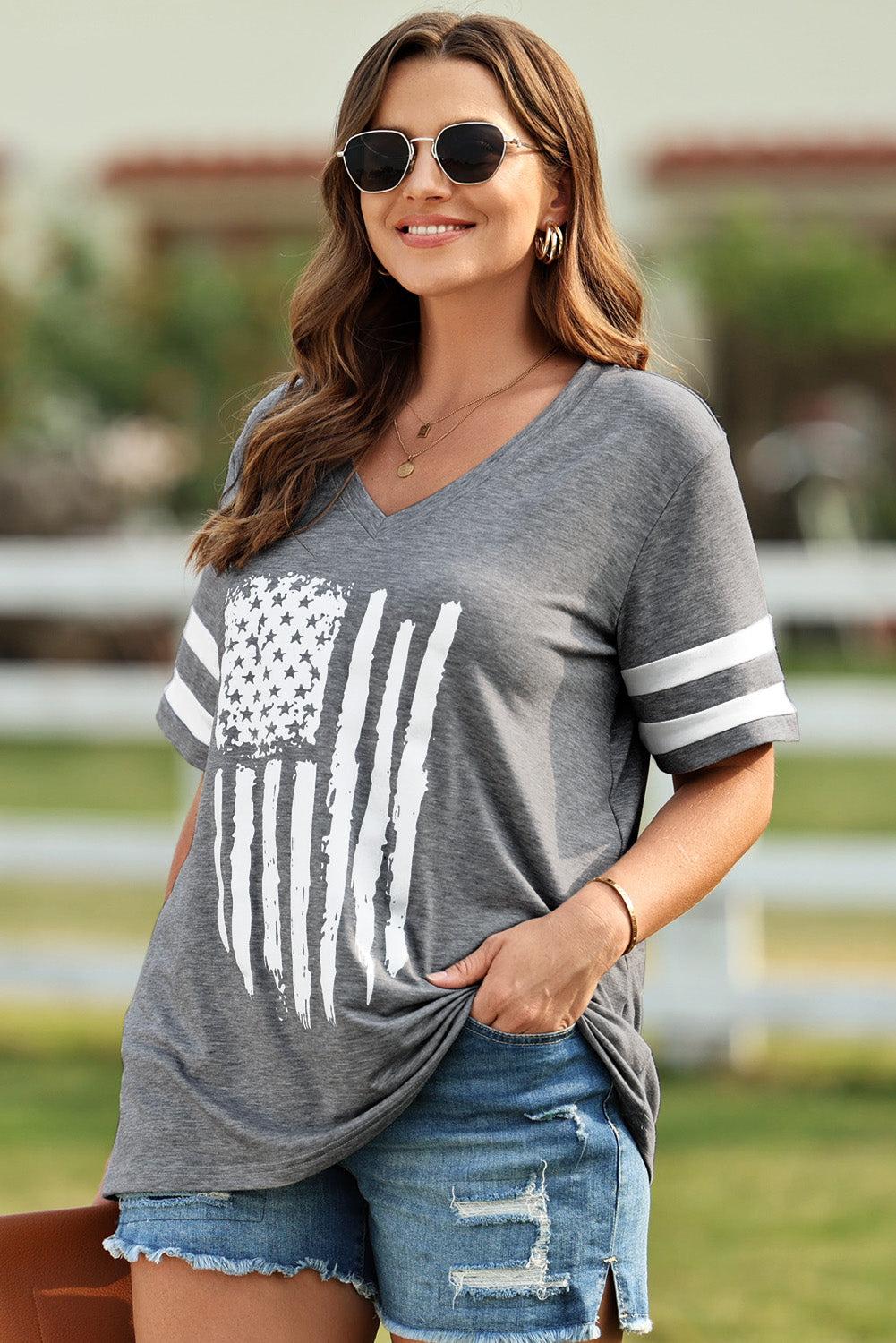 Plus Size US Flag Tee V-Neck T-Shirt for Women - Redemption By Ashley North