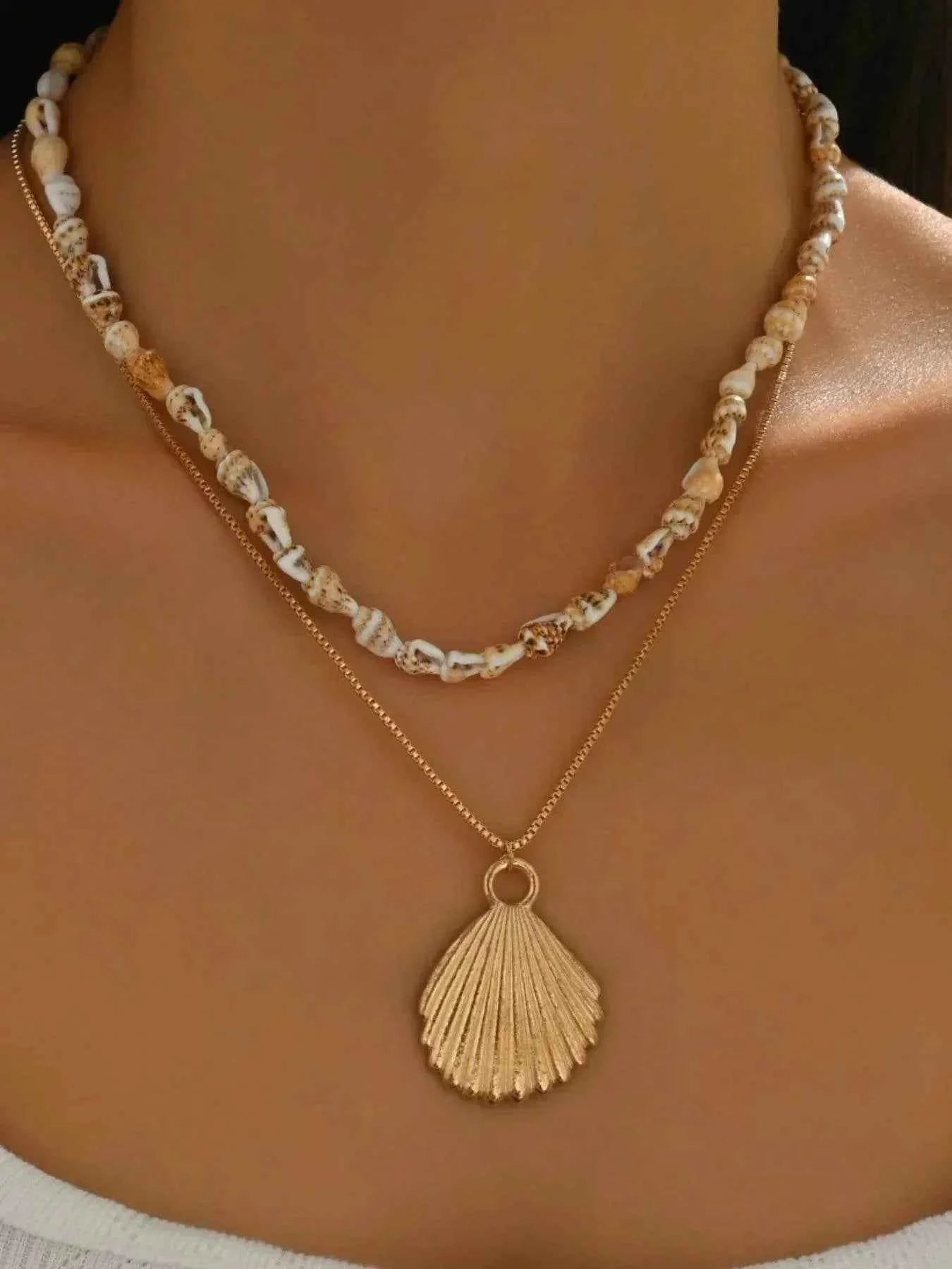 18K Gold-Plated Shell Pendant Necklace - Layered Shell Design.