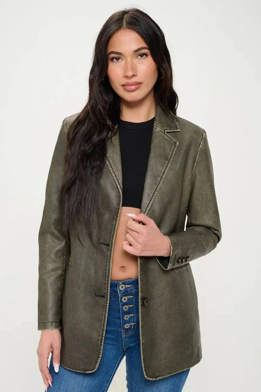 Coalition LA Single-Breasted Vegan Leather BlazerThis single-breasted vegan leather blazer offers a sleek and stylish look. Made from cruelty-free materials, it's a chic and ethical choice. Perfect for adding a touRedemption By Ashley NorthCoalition LA Single-Breasted