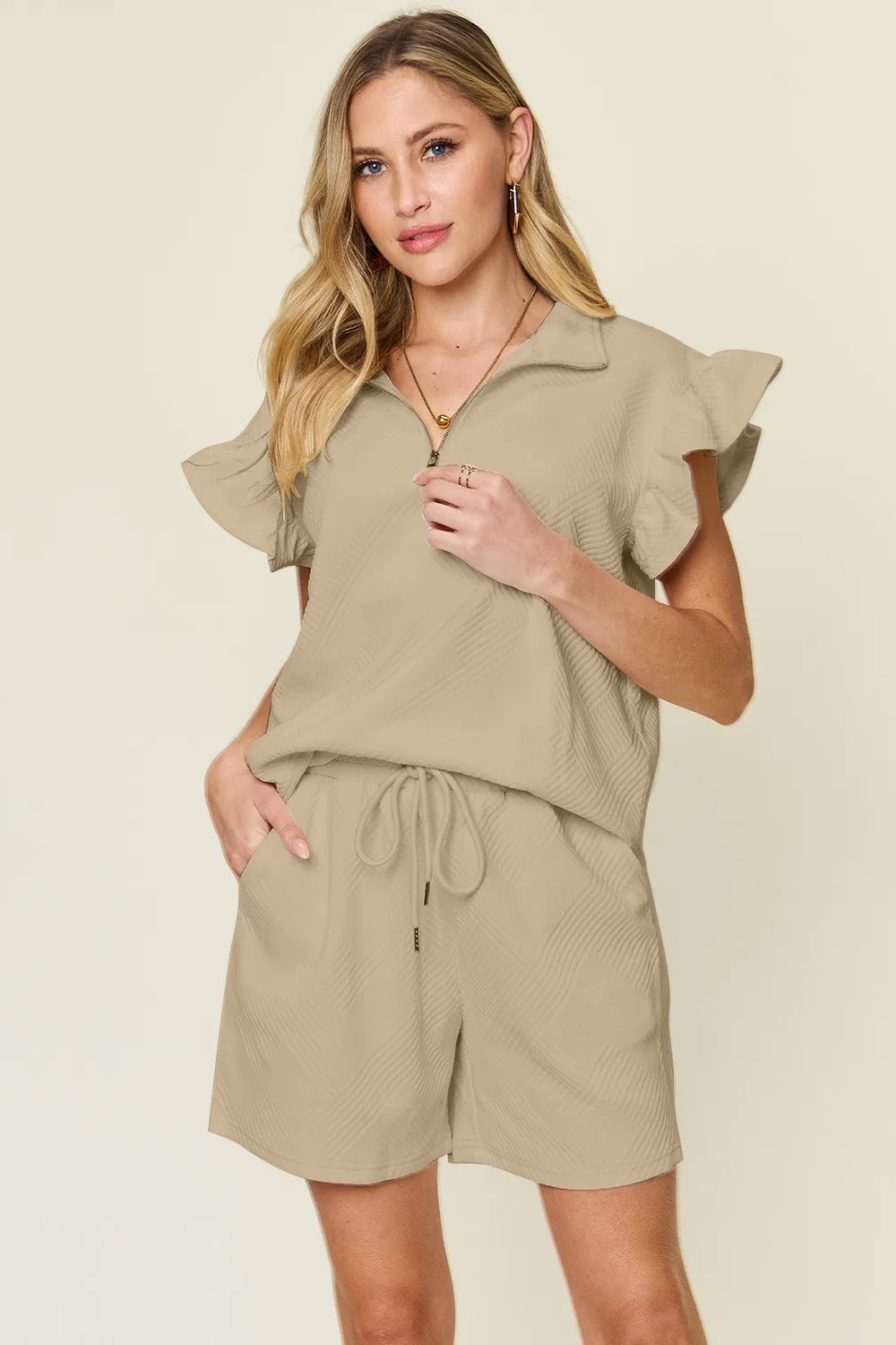 Double Take Full Size beige texture flounce sleeve top and drawstring shorts set for women