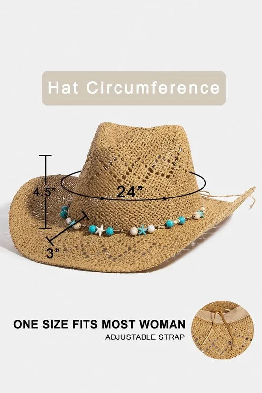 Fame Turquoise and Shell Star Beads Strap Western Straw Hat.