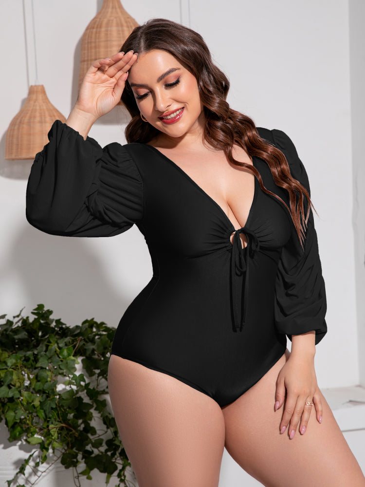 Plus Size One Piece Swimsuit with Tied Deep V and Balloon Sleeves - Redemption By Ashley North