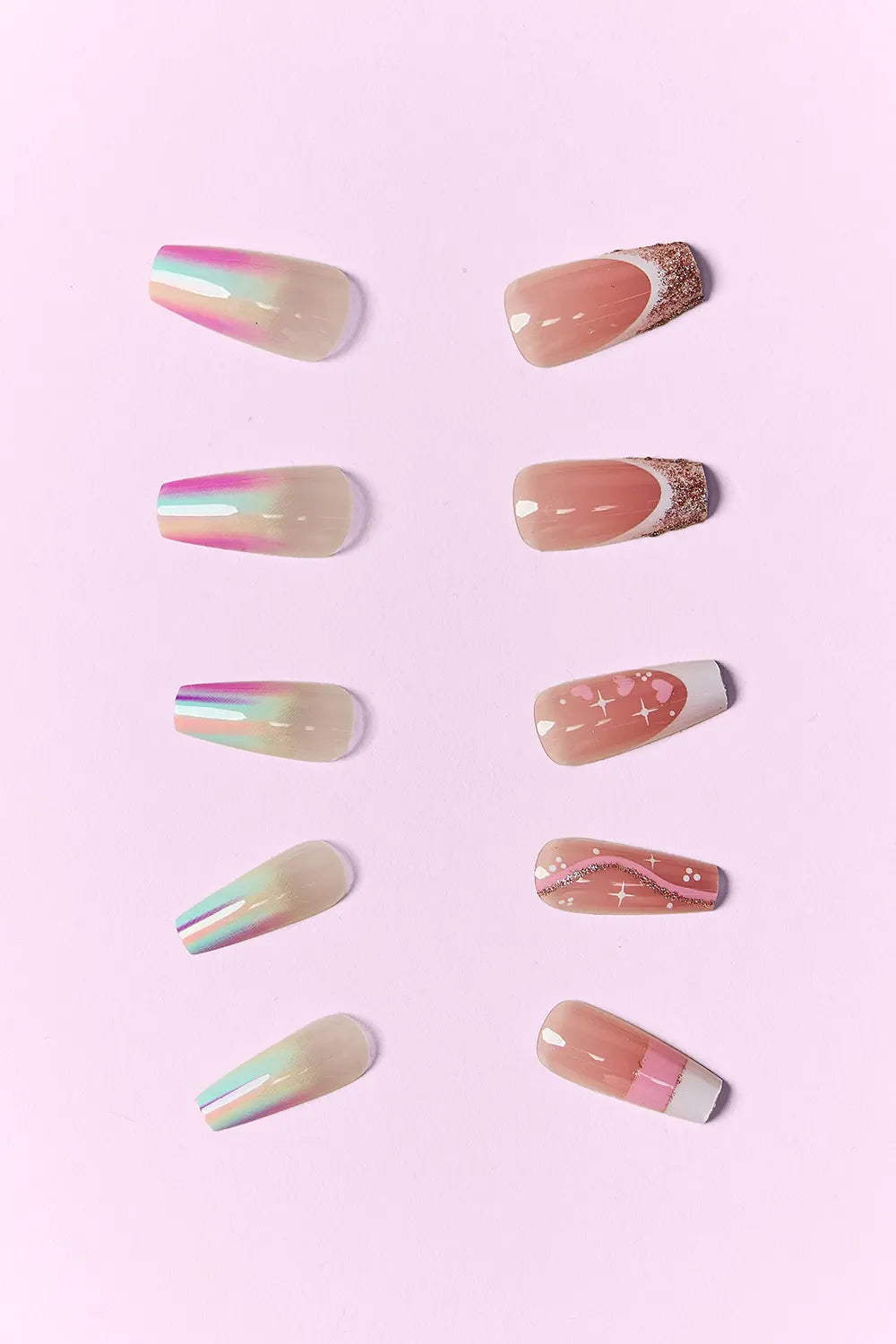 So Pink Beauty press on nails two packs with iridescent and nude designs on pink background