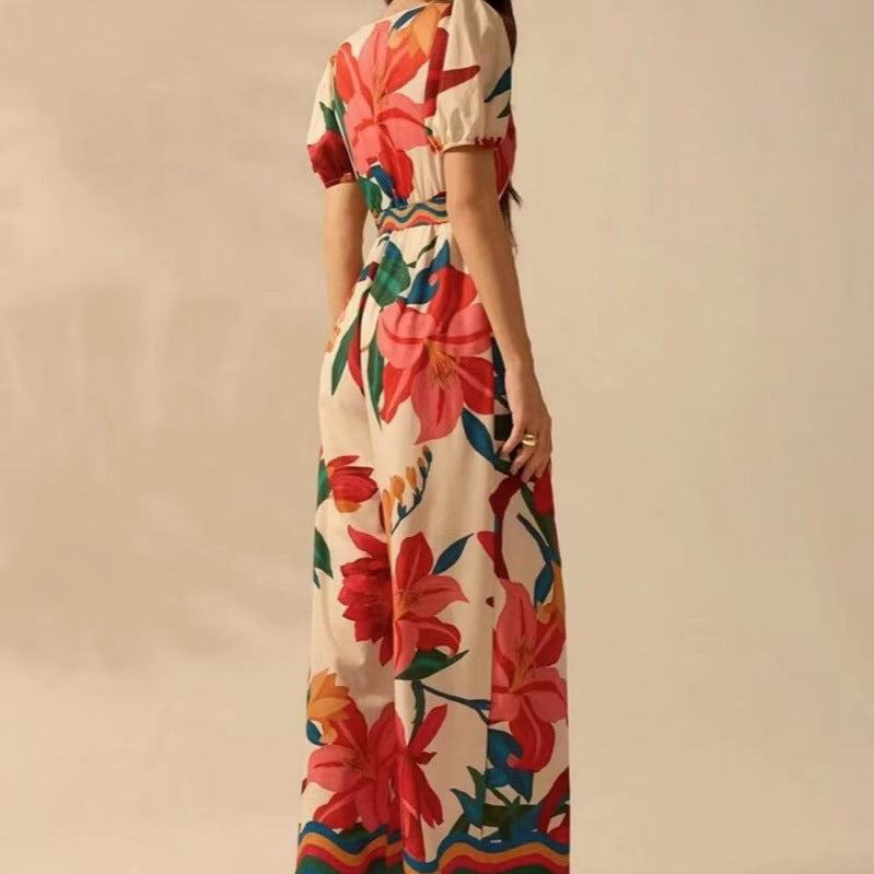 Women's Wide-leg Jumpsuit with Deep V-neck and Printed Fashion Design - Redemption By Ashley North
